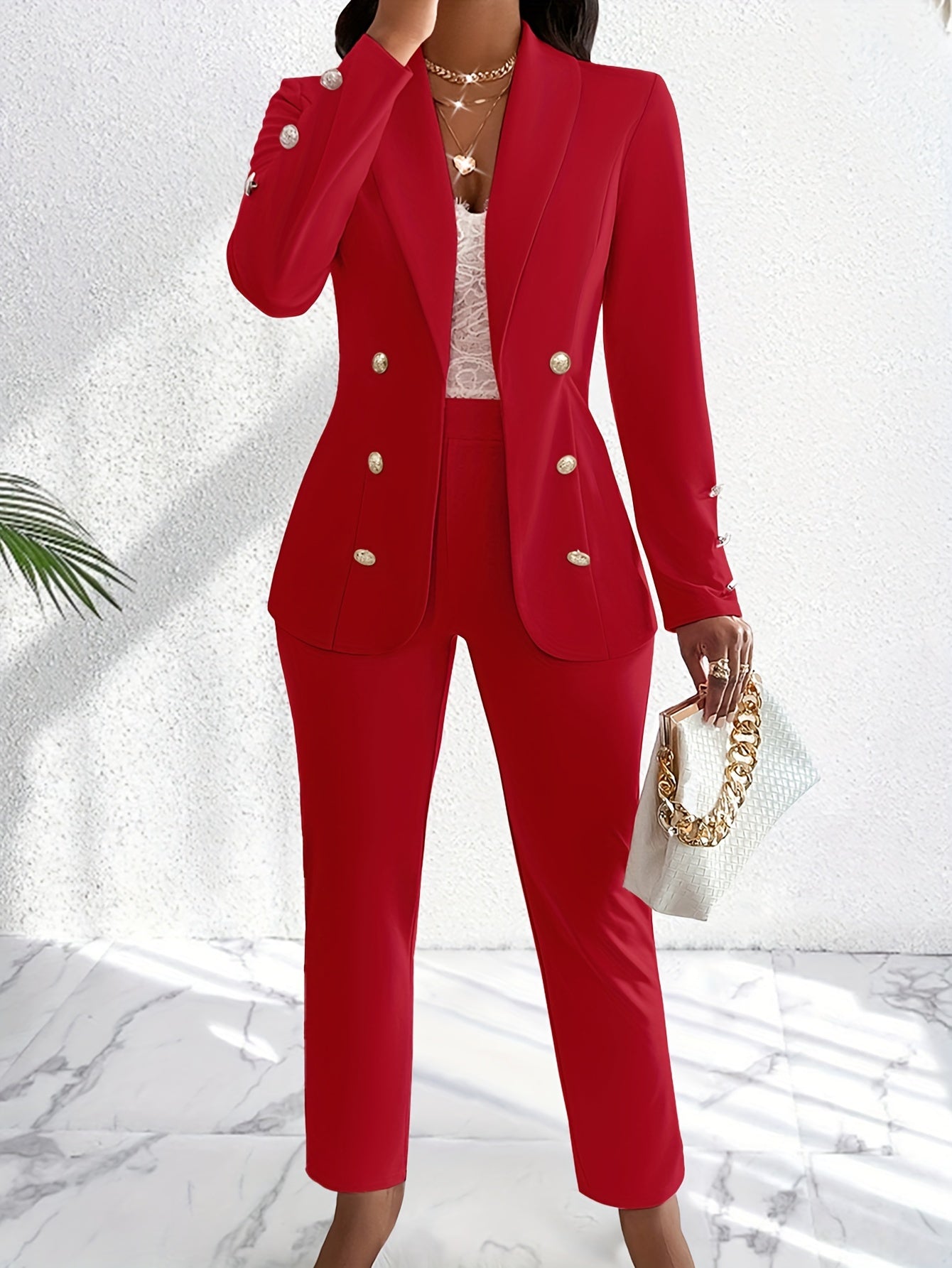 Classic Fit Gold Button Women's Blazer Pants Suit