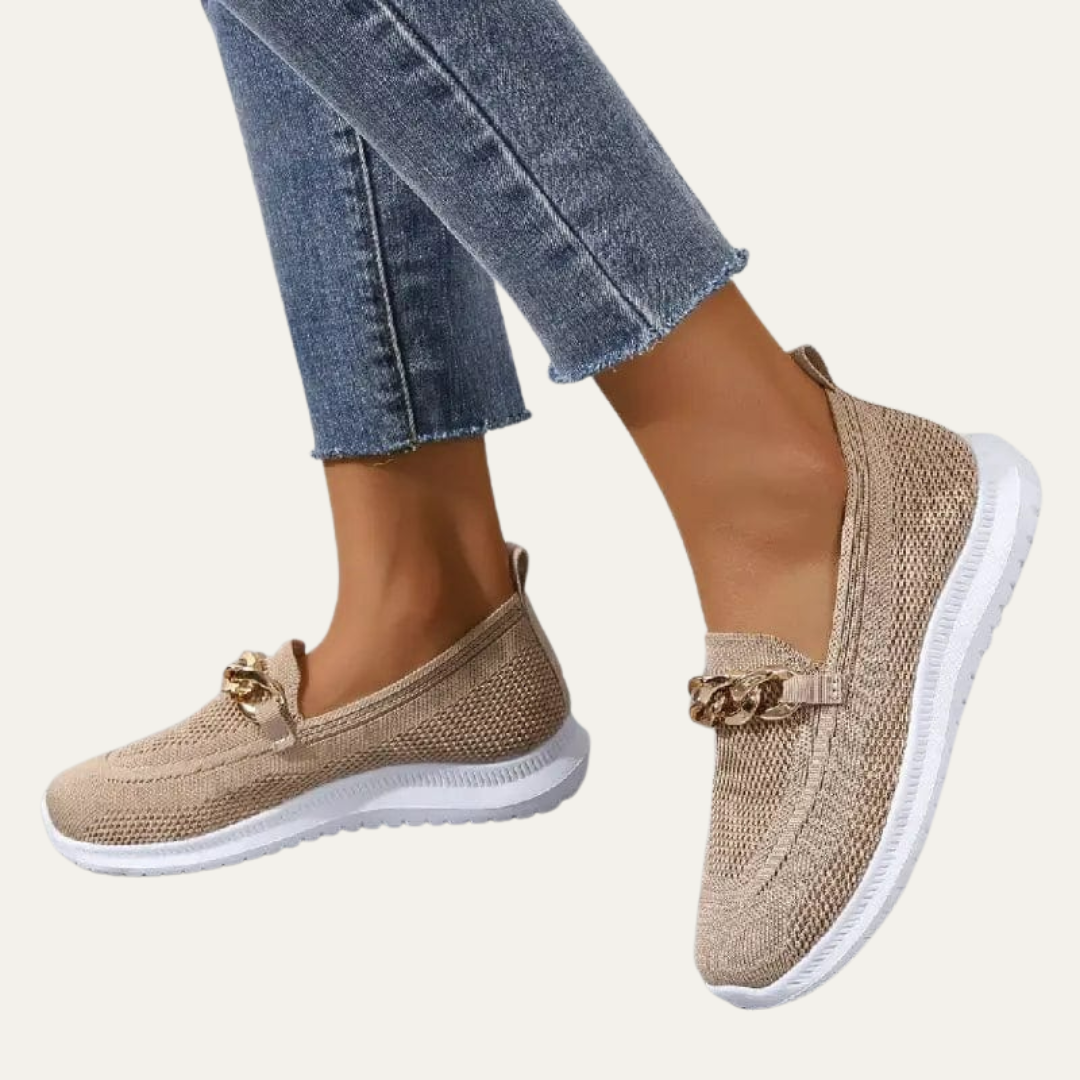 VogeLuxe | Women’s Knitted Slip On Loafers with Chain Detail