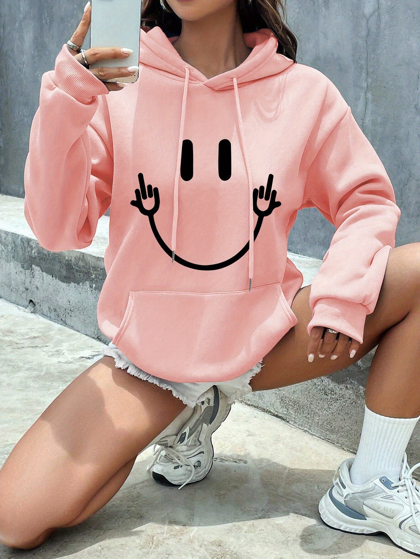 Cozy Women's Oversized Smile Hoodie with Pocket