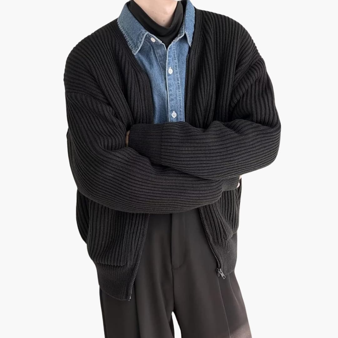 VogeLuxe | Men’s Relaxed Fit Rib Knit Zip Cardigan