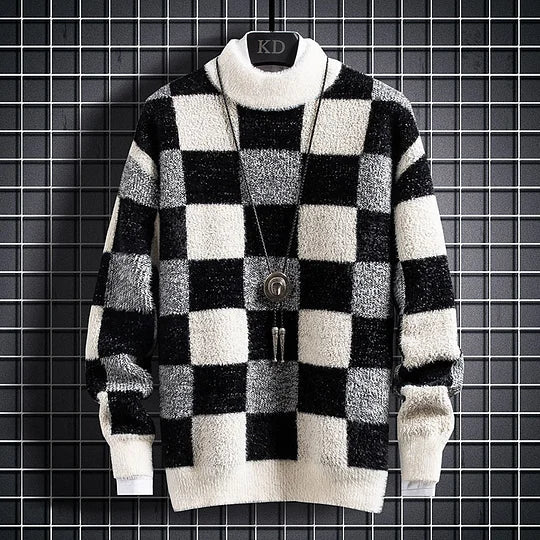 Warm Mens Plaid Crew Neck Sweater
