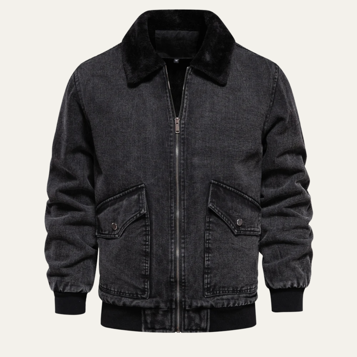 VogeLuxe | Men’s Washed Denim Bomber Jacket with Faux Fur Collar