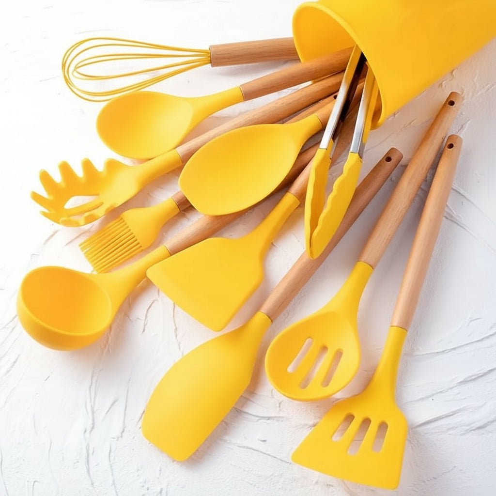 Silicone Kitchen Tool Set with Wooden Grip Handles