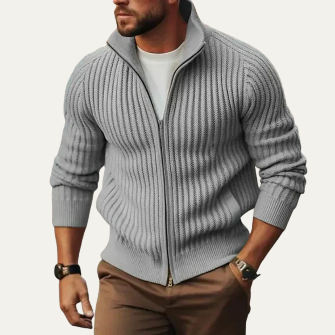 VogeLuxe | Men’s Heavy Knit Full Zip Ribbed Cardigan Sweater