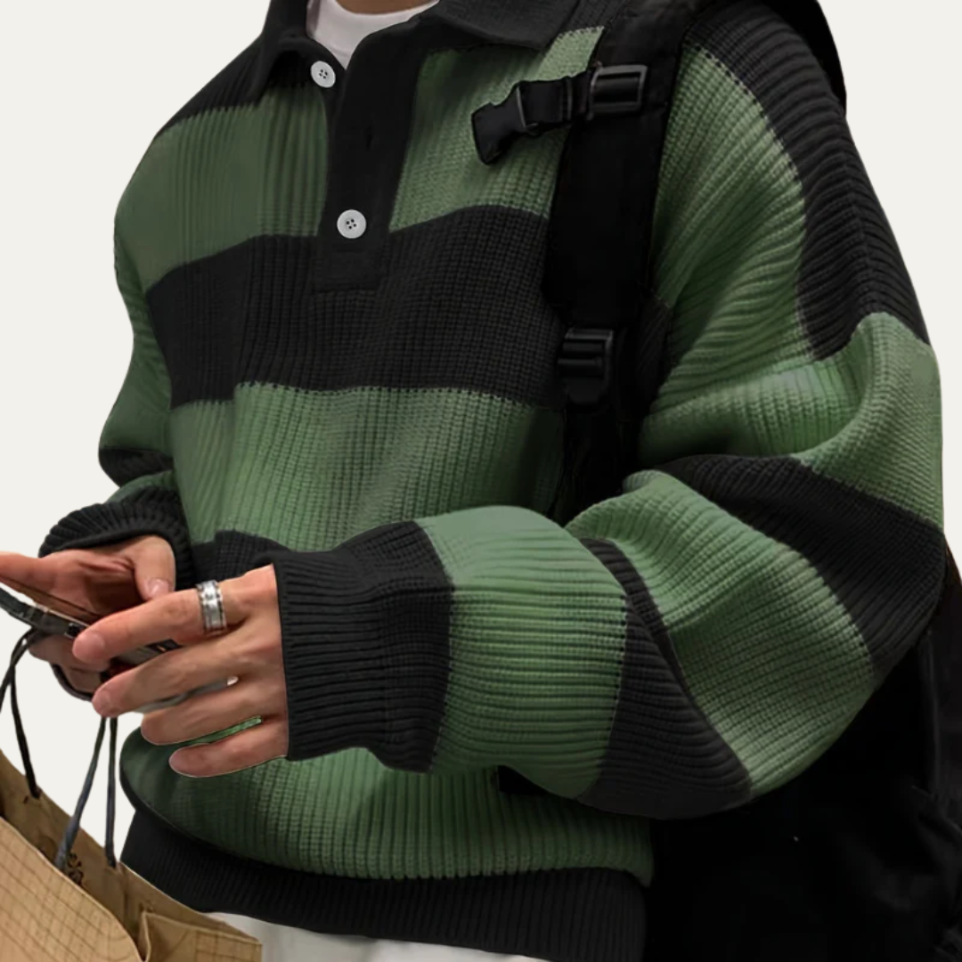VogeLuxe | Men’s Striped Textured Knit Polo Sweater