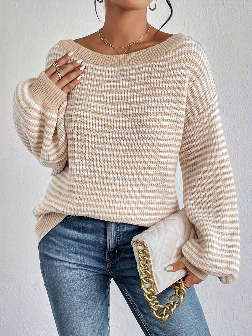 Comfy Relaxed Fit Crew Neck Striped Sweater for Women