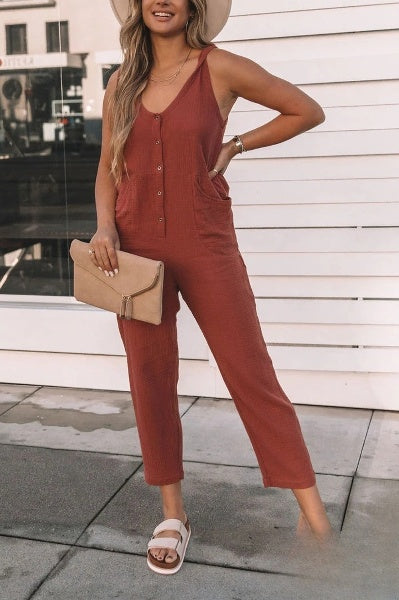 Summer Women's Sleeveless Pocket Jumpsuit