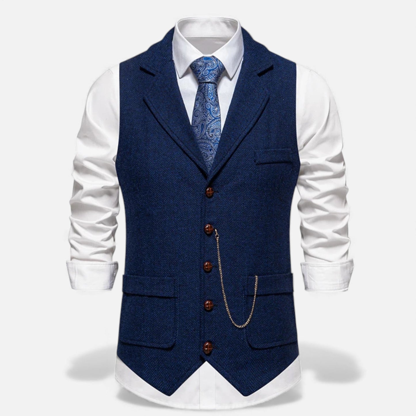 Classic Tweed Waistcoat with Lapel Chain for Men