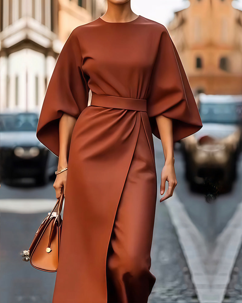 Beautiful Maxi Dress with Bell Sleeves and Waist Belt