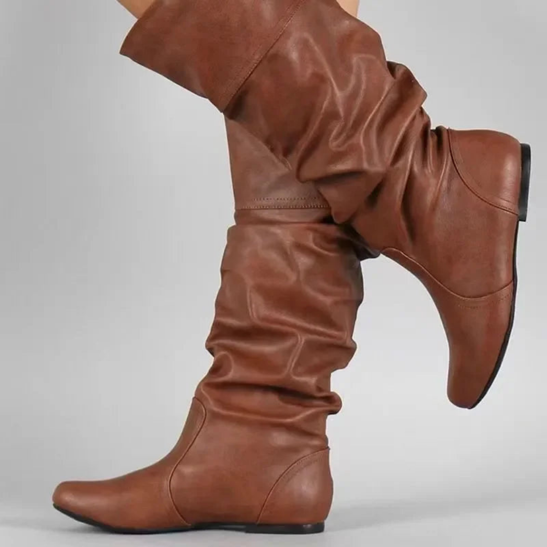 Donne Mid Calf Stivali Morbidi con Ribaltabile | Comodi Stivali Bassi Lunghi