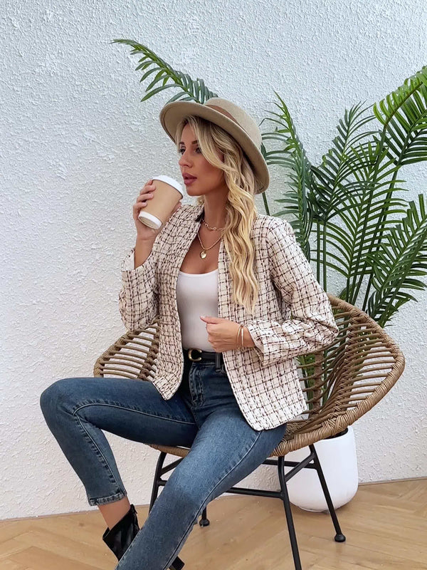 Professional Checkered Ladies Jacket with Notched Lapel - VogeLuxe