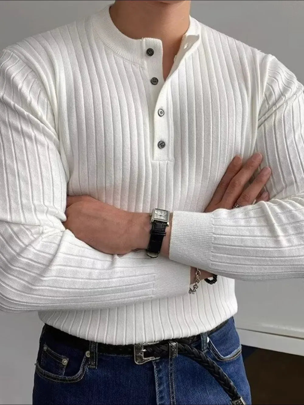 Textured Crew Neck Long Sleeve Men's Sweater