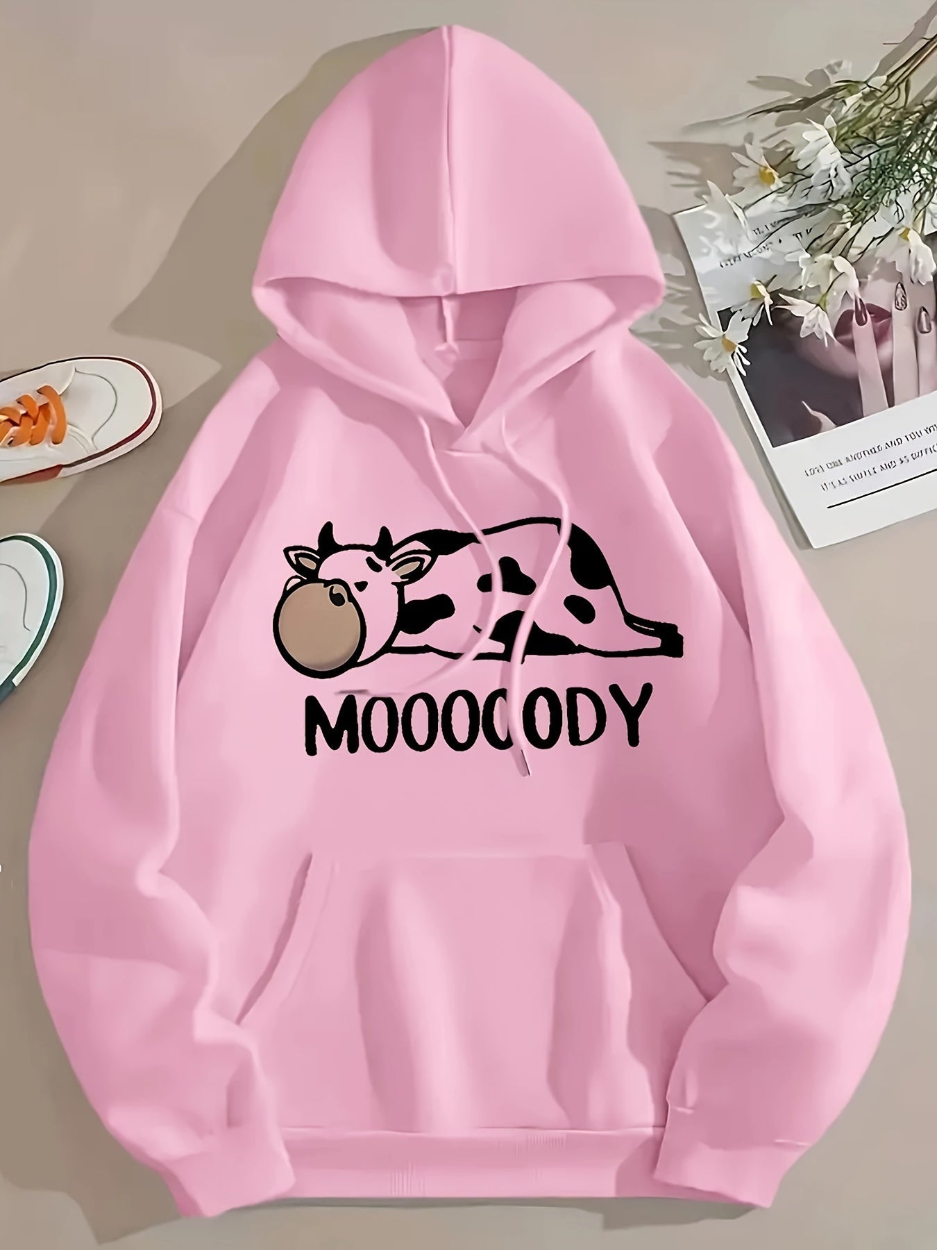Cozy Women's Loose Fit Hoodie with Animal Print Pocket