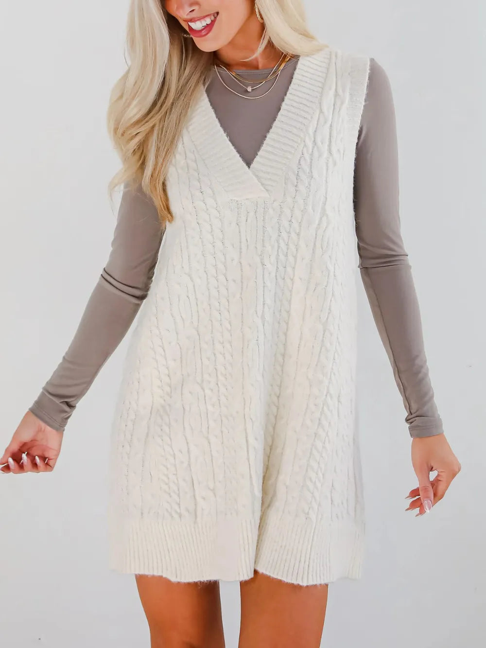 Cozy V-Neck Cable Knit Sweater Dress