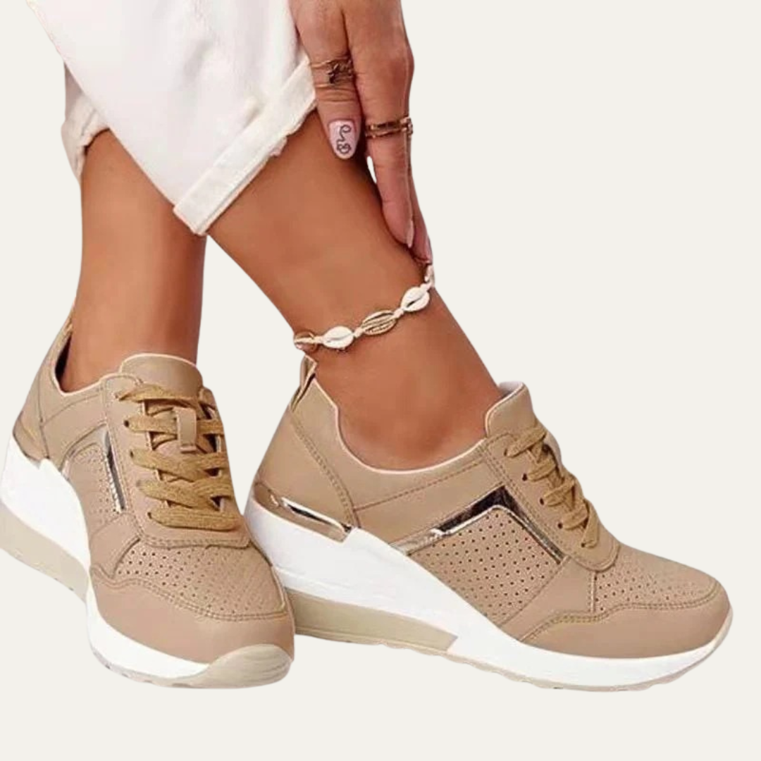 VogeLuxe | Women’s Wedge Sneakers with Breathable Perforated Panels and Metallic Accents