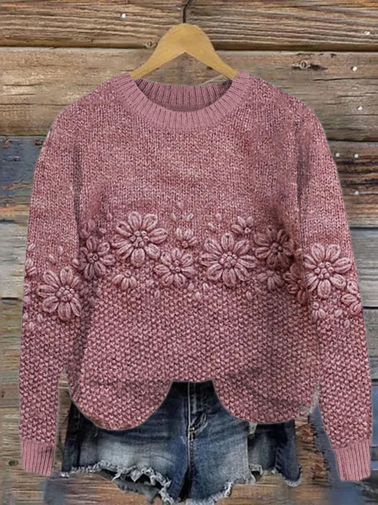 Warm Floral Patterned Women's Pink Sweater - VogeLuxe