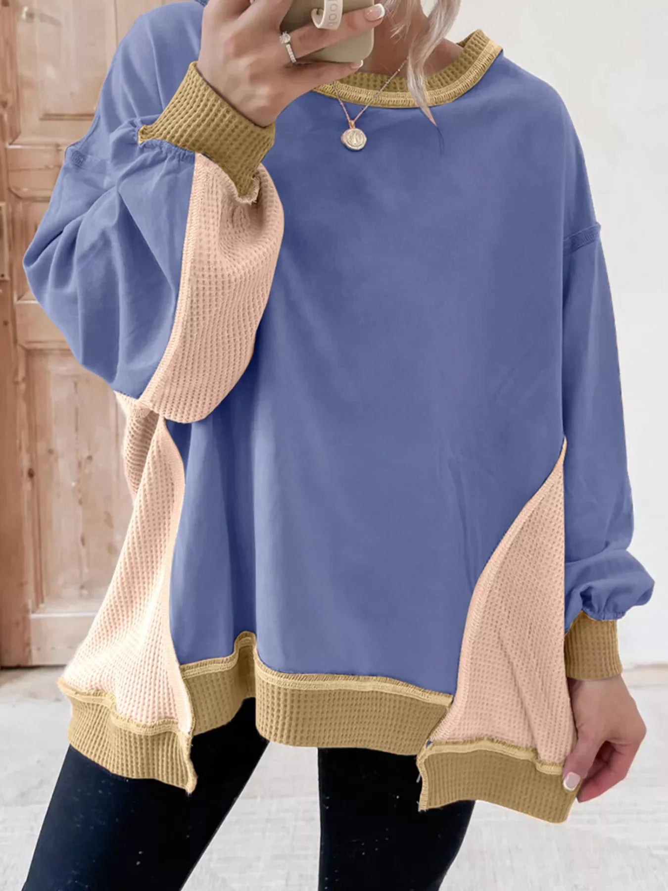 Large Graphic Waffle Knit Crew Neck Sweatshirt - BritishElegance