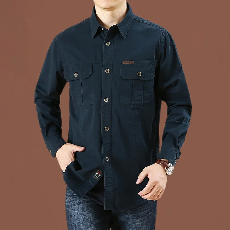 Relaxed Fit Work Shirt with Pockets Long Sleeve Button Front
