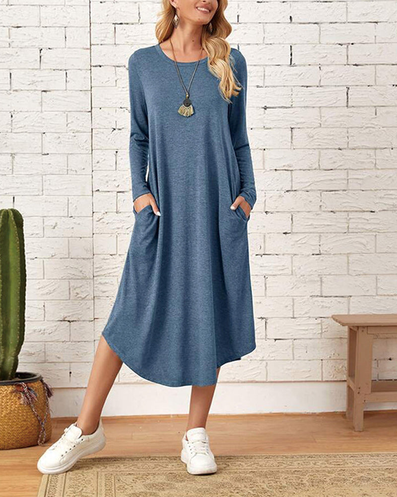 Comfy Women's Midi Dress with Pockets and Long Sleeves