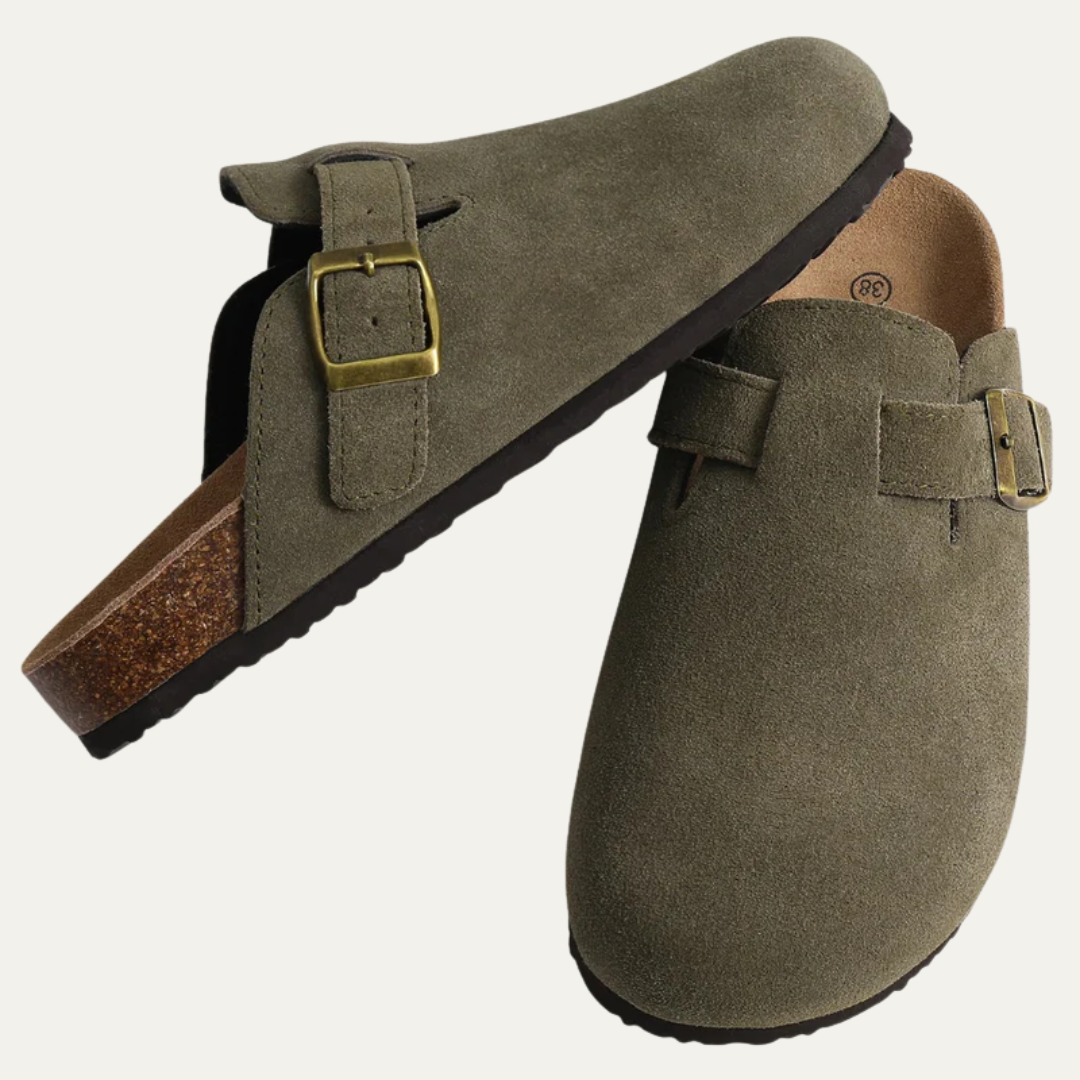 VogeLuxe | Women’s Suede Look Closed Toe Mule with Cork Style Footbed