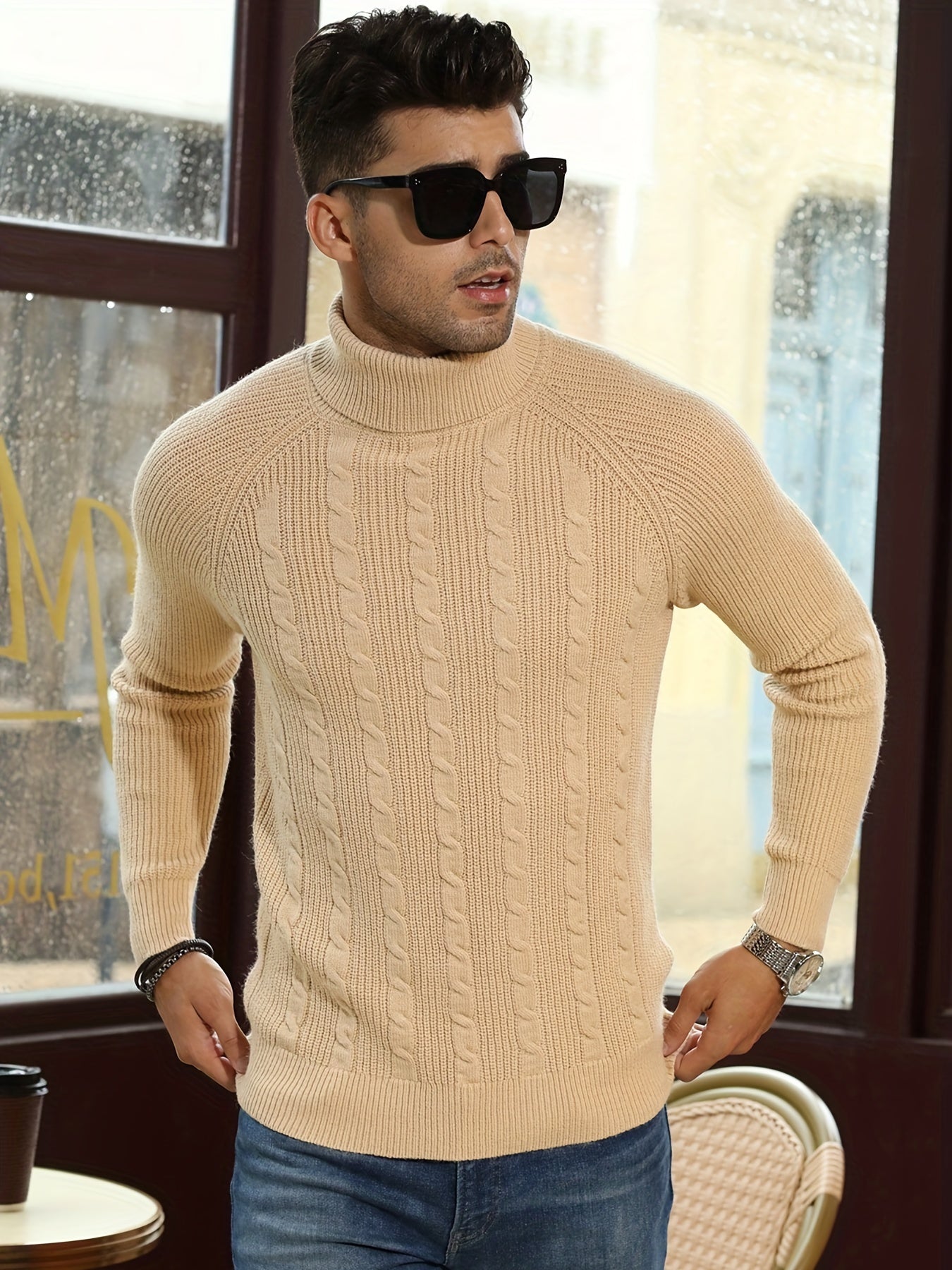 Soft Beige Crew Neck Winter Sweater for Men - VogeLuxe