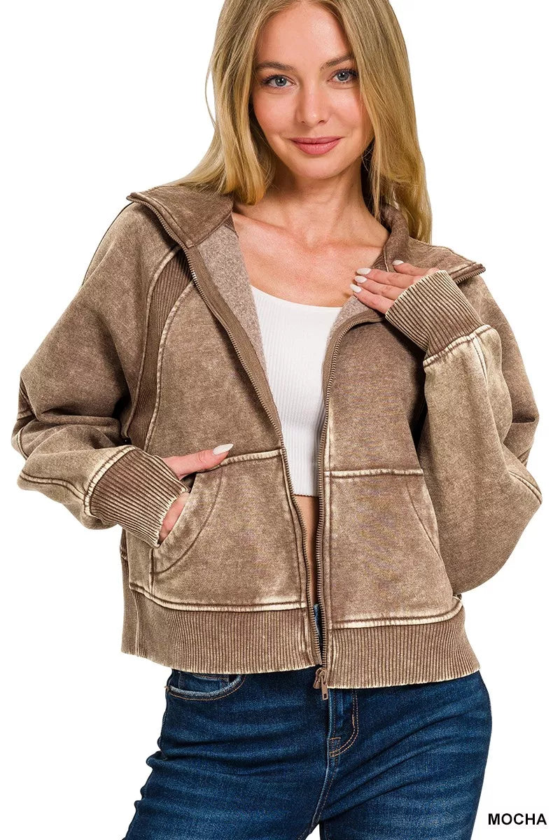 Distressed Zip Front Fleece Jacket - VogeLuxe