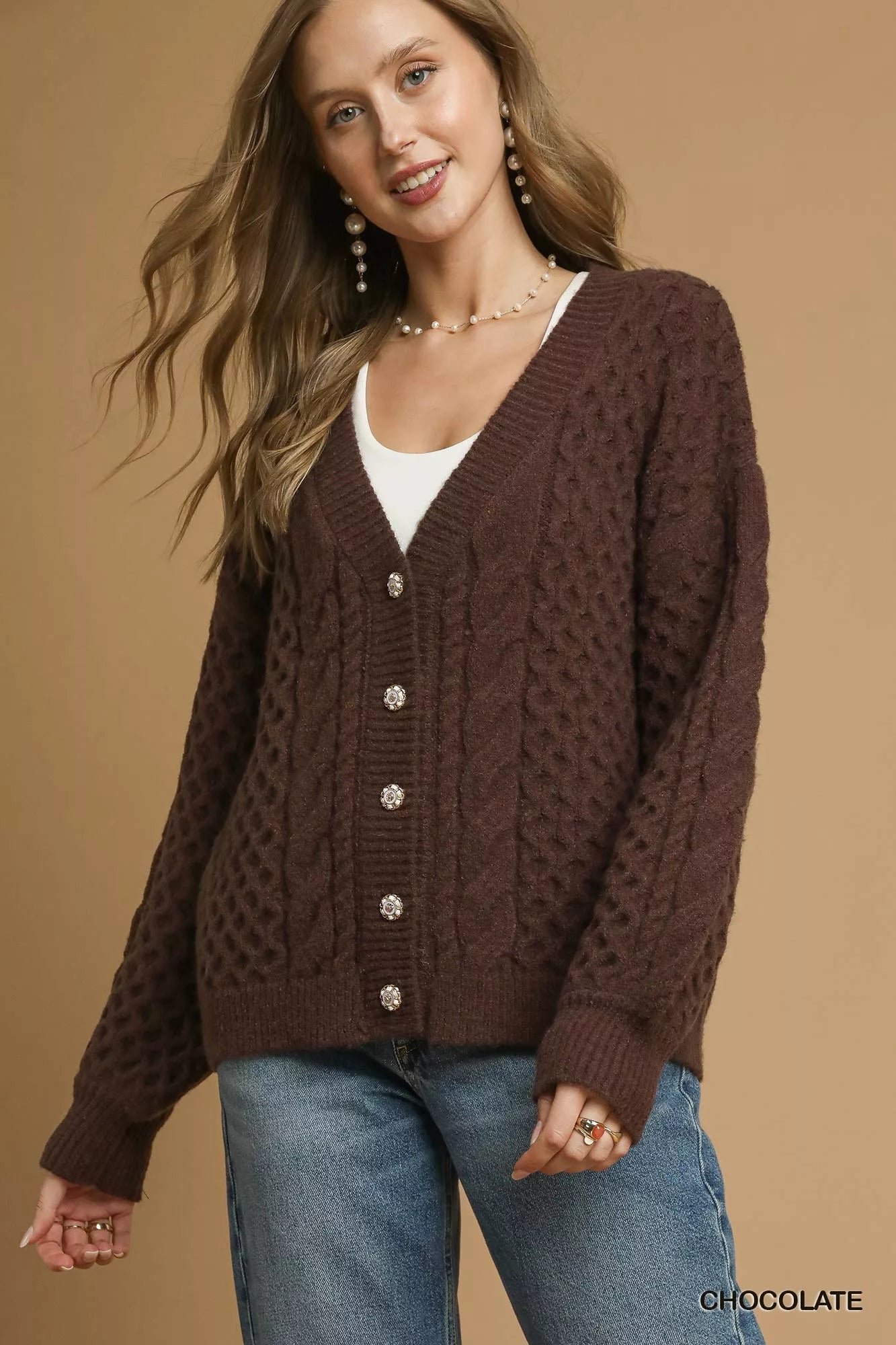 Soft Knit Cardigan with Pearl Buttons - VogeLuxe