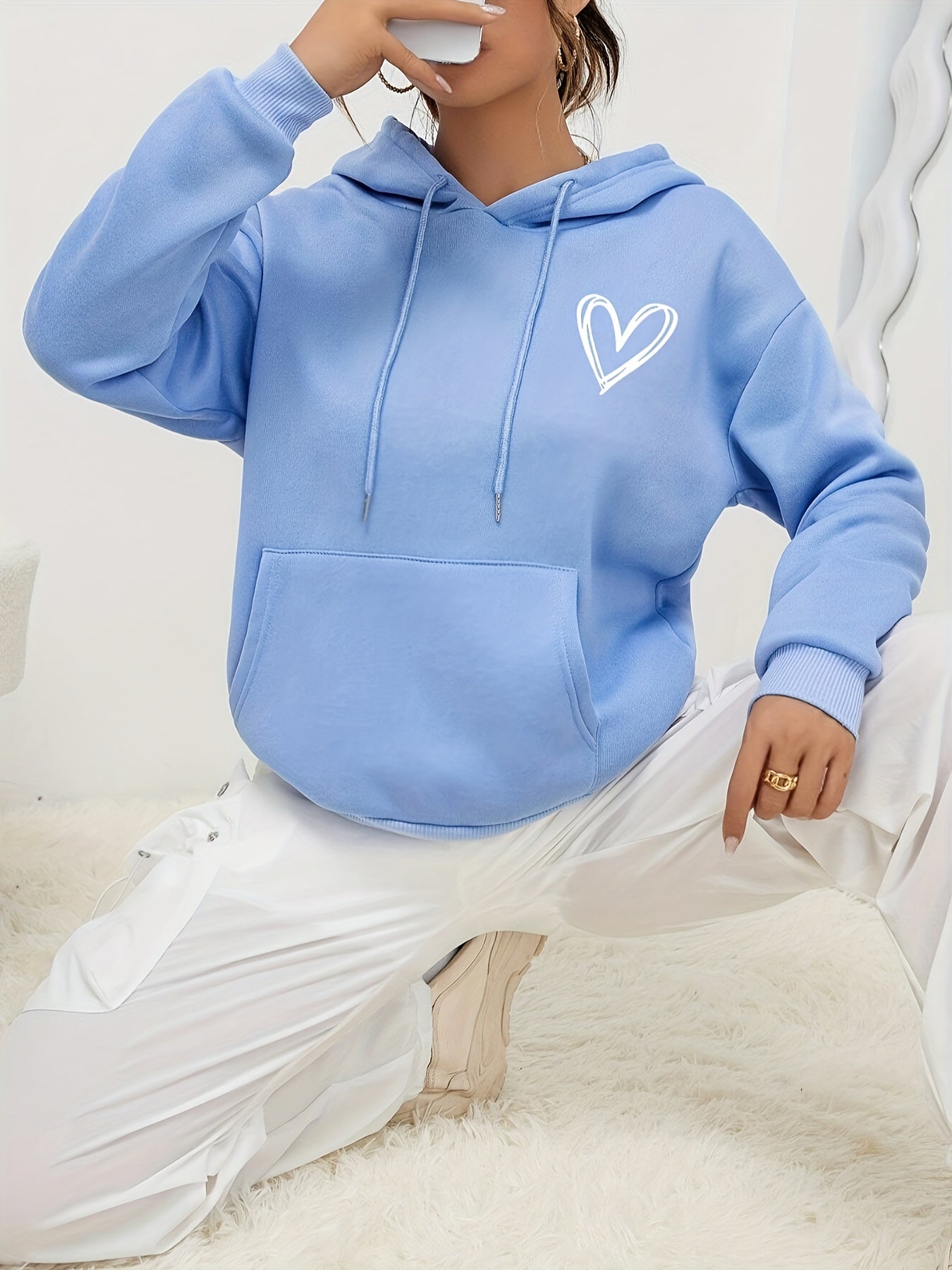 Cozy Women's Loose Fit Hoodie with Heart Design - VogeLuxe