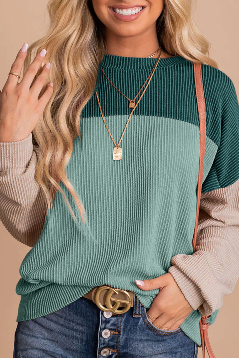 Ladies Warm Long-Sleeve Sweater with Color Block Design