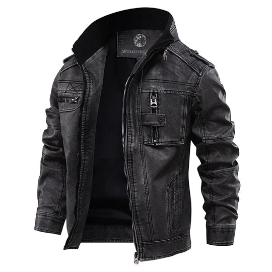 Classic Biker Leather Jacket with Zip Pocket - VogeLuxe