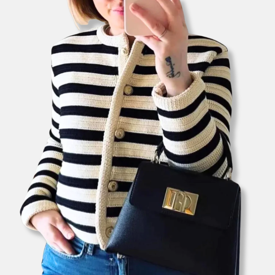 Amelia Classic Fit Cardigan | Striped Crewneck Button Front Cardigan 1