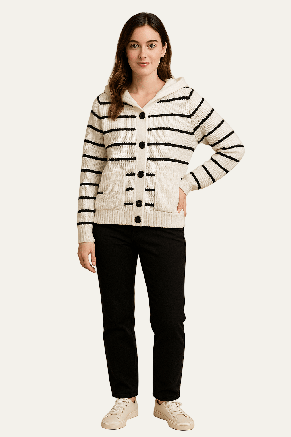 Ashford | Maja – Women’s Striped Knit Hooded Cardigan with Button Front 1