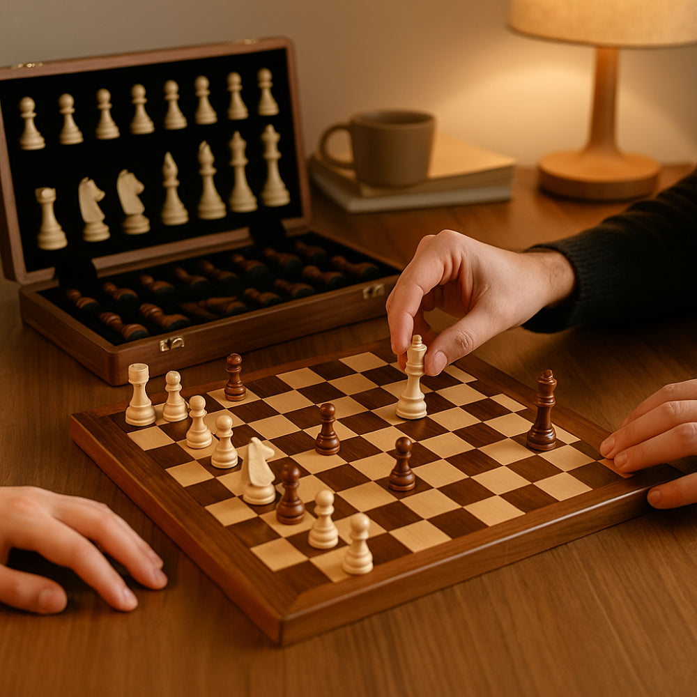 Traditional Wood Chess Board Set with Piece Storage Box - VogeLuxe