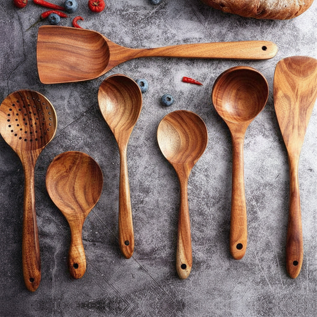 Natural Wood Kitchen Utensil Set Heat Resistant Cooking Tools - VogeLuxe