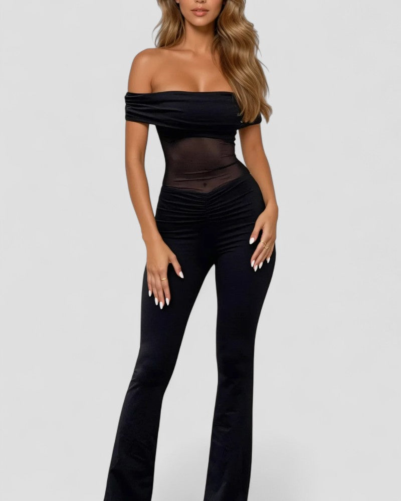Elegant Off Shoulder Mesh Panel Bodycon Jumpsuit