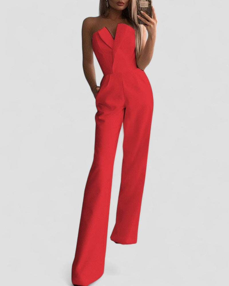 Elegant Strapless V Neck Wide Leg Jumpsuit