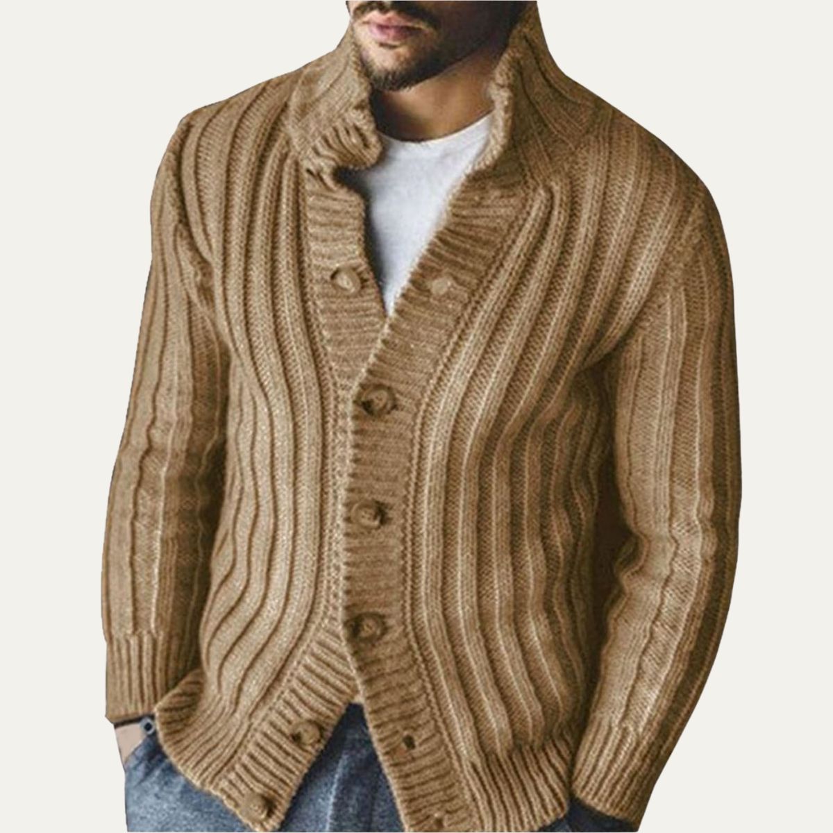 VogeLuxe | Men’s Wide Rib Knit Mock Neck Cardigan with Button Front