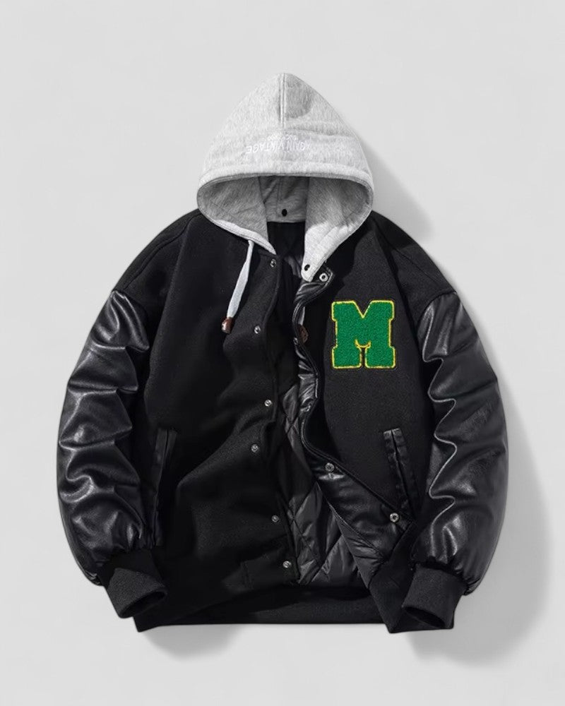 Fleece Lined Varsity Jacket with Faux Leather Sleeves