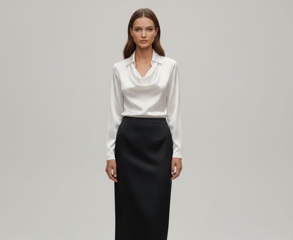 Elegante Satin Donna Blouse Collo Morbido