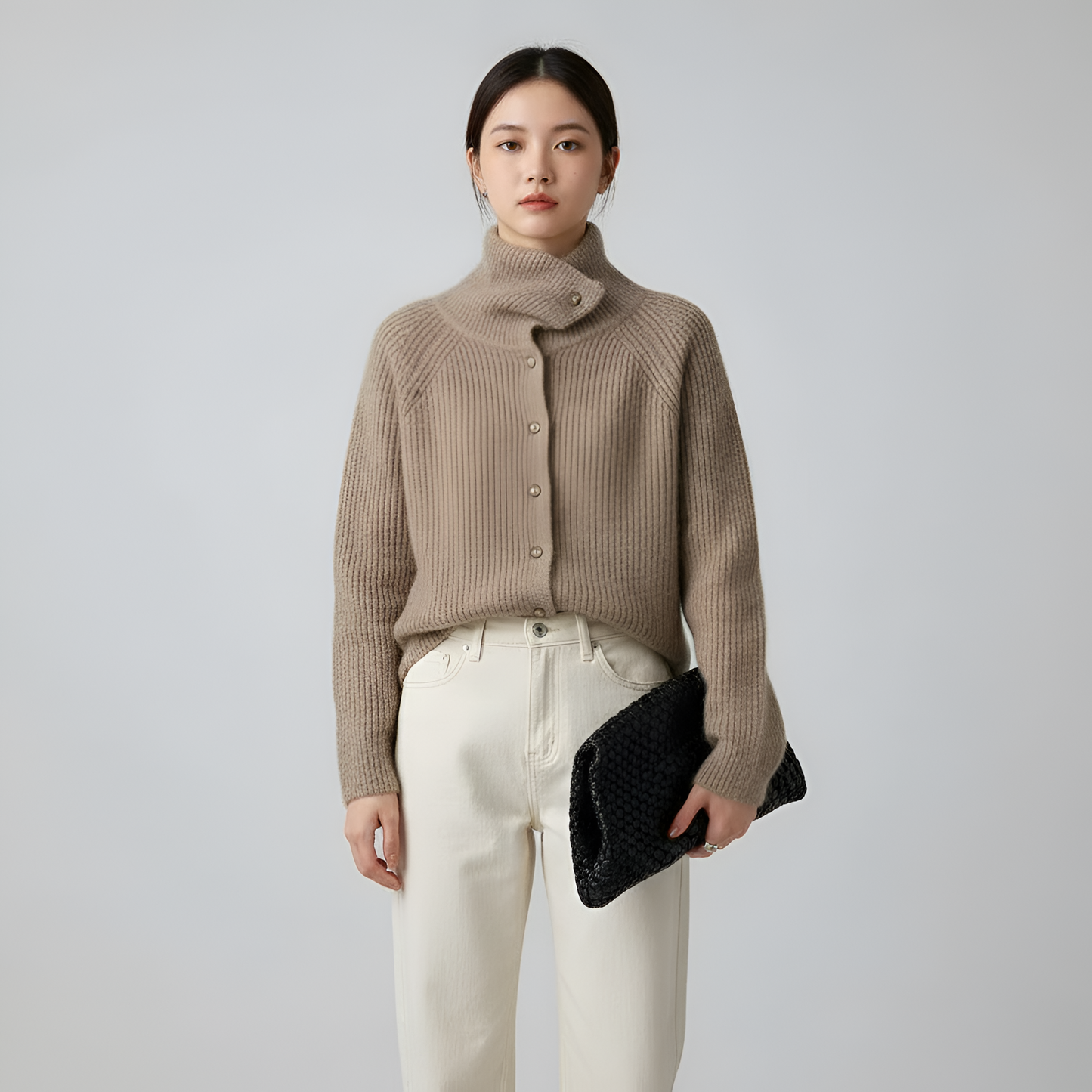 Women's Wool Cardigan with High Neck and Regular Fit - VogeLuxe