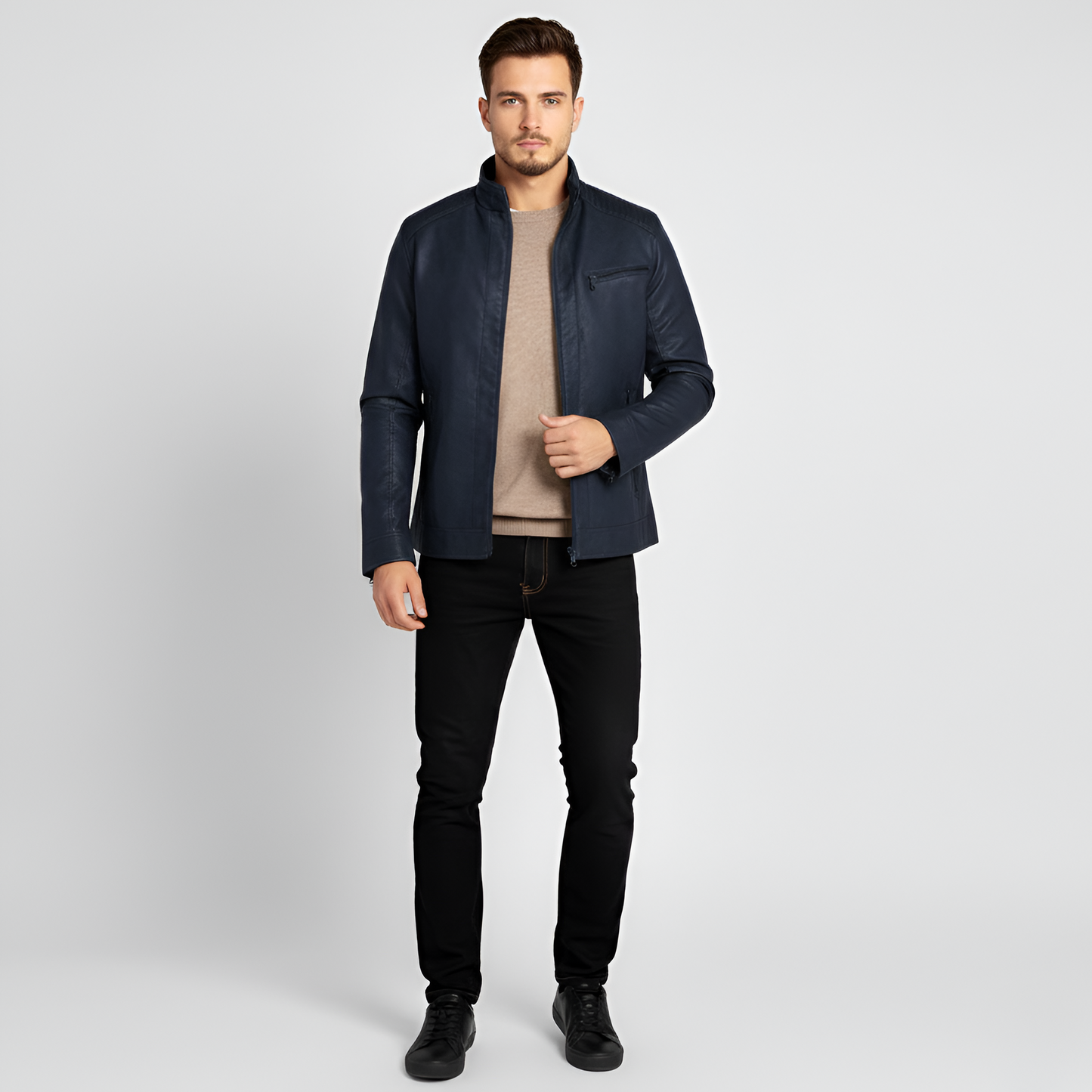 Uomo Pelle Biker Jacket Slim Fit Zip Up
