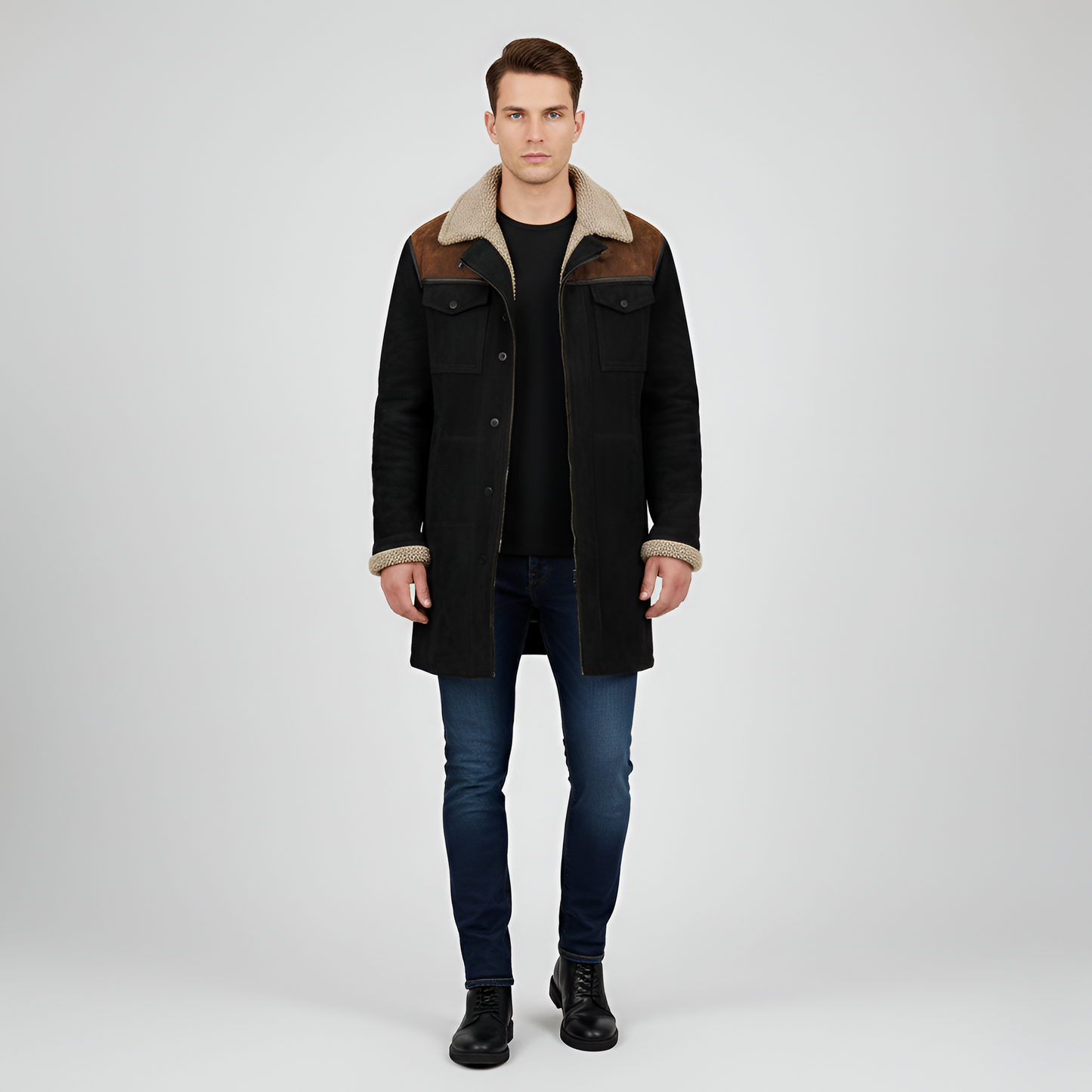 Uomo Pile Jacket con Colletto in Pelliccia e Bottone