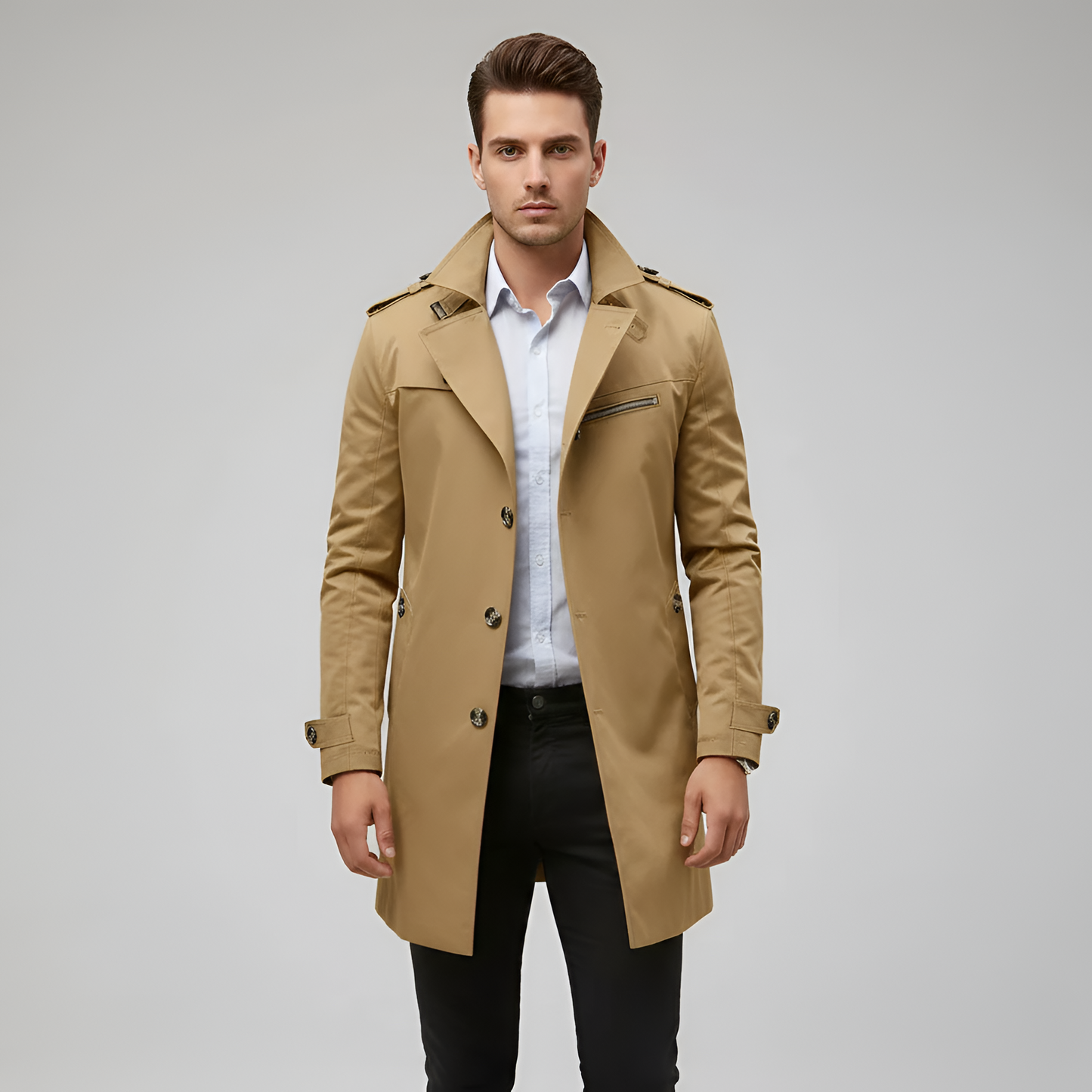 Classico trench coat uomo con cintura e zip