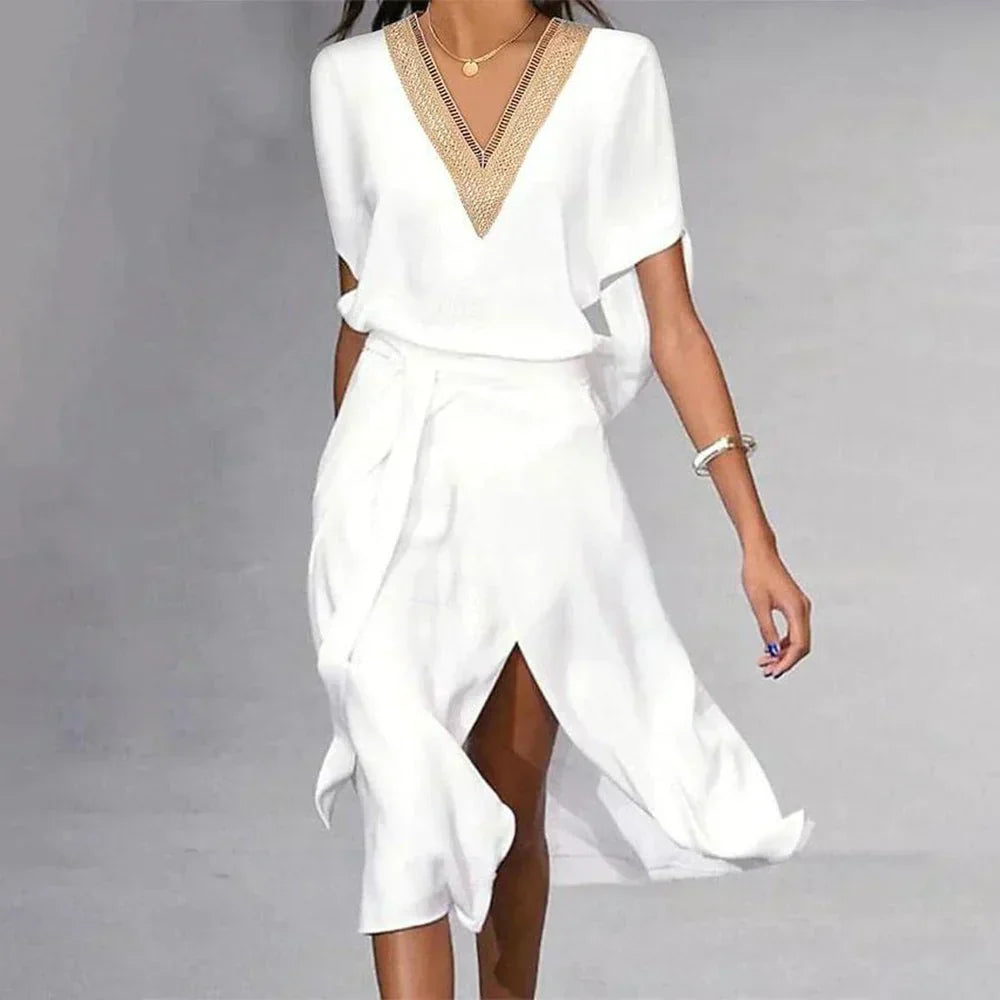 Elegant V-Neck Dress for Women in Eco Friendly Fabric - VogeLuxe