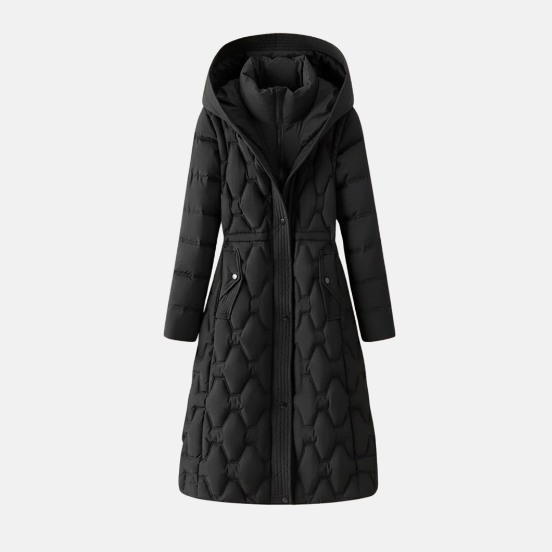 Isla Quilted Long Coat | Hooded Belted Snap Coat 3