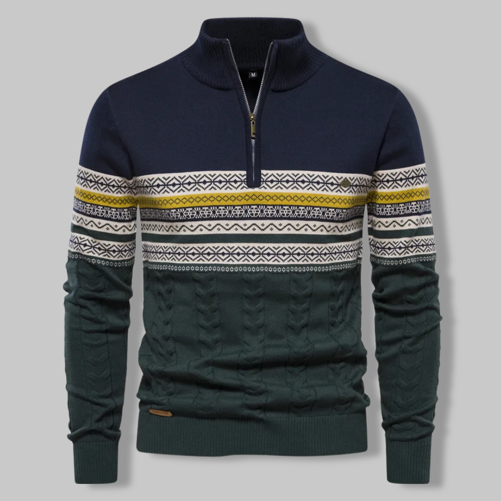 Knit Sweater - Two Tone Alpine Pattern & Quarter Zip Vent