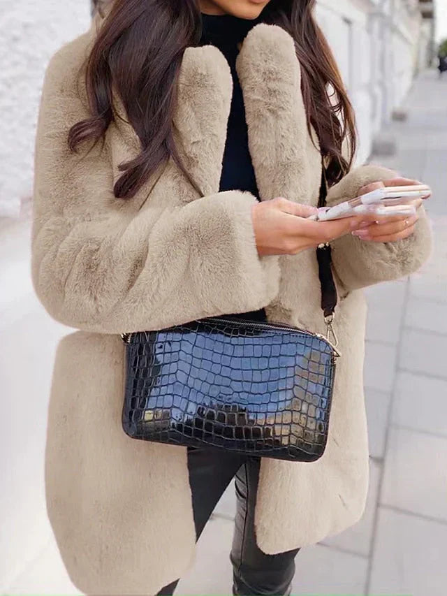 Luxurious Faux Fur Wool Blend Open Coat