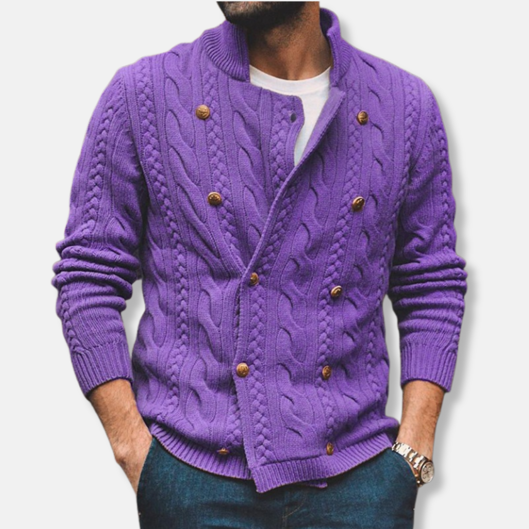Men’s Cardigan – Wool Blend – Cable Knit – Double-Breasted – Semi-High Collar 4