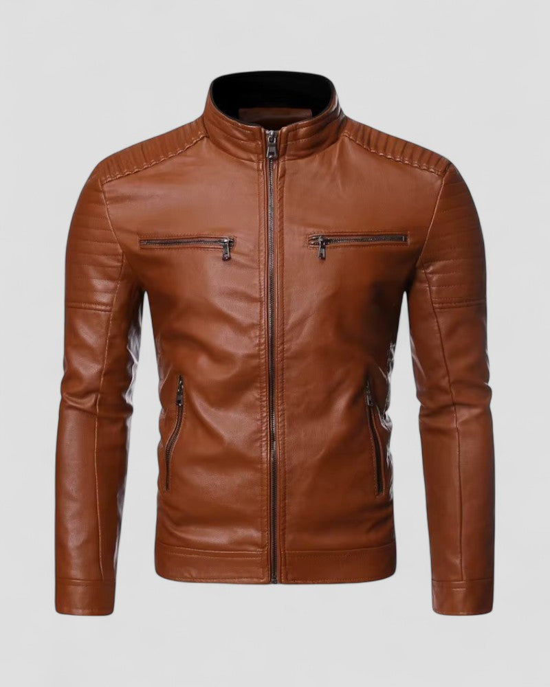 Men's Faux Leather Stand Collar Slim Fit Biker Jacket