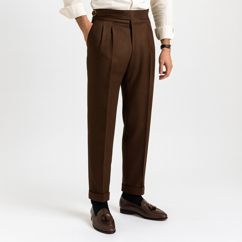 Men’s High-Waisted Pleated Trousers – Side Adjusters, Cuffed Hem 3
